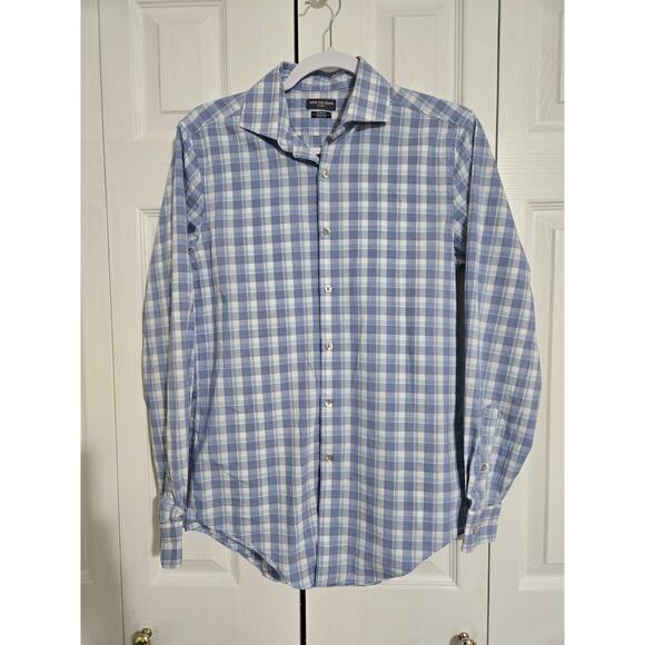 Van Heusen small men's blue plaid slim fit button up long sleeve shirt - Picture 1 of 10